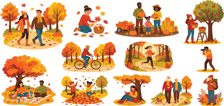 Diverse people enjoying autumn outdoor activities set with pumpkin harvest apple picking and picnic vector.