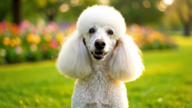 Portrait of a happy white poodle dog standing in a colorful garden during a sunny day