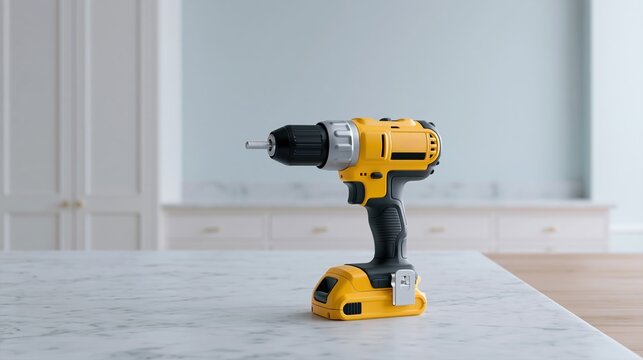 Une perceuse visseuse sans fil jaune pos&eacute;e sur un plan de travail en marbre