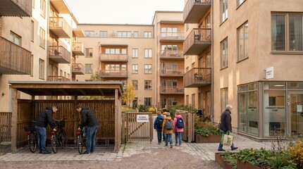Fototapeta premium Compact Housing Courtyard Linking Bicycles School Gate And Clinic