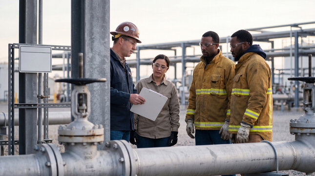 Energy Field Crew Concluding Structured Safety Talk Near Infrastructure