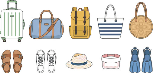 Summer travel luggage bags and beach vacation fashion accessories vector icons set for packing concept © MDRIFAT