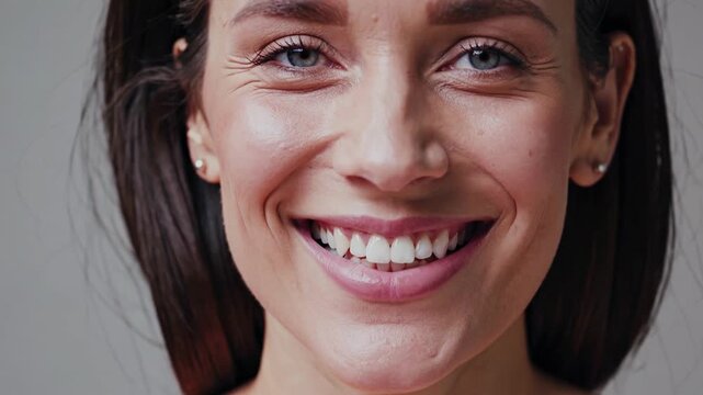 Extreme close up of a joyful beautiful woman smiling widely, revealing healthy white teeth and laugh lines around her blue eyes, showcasing genuine happiness and positive human emotion