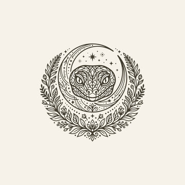 Mystical Lizard Head with Crescent Moon and Botanical Wreath Line Art Illustration