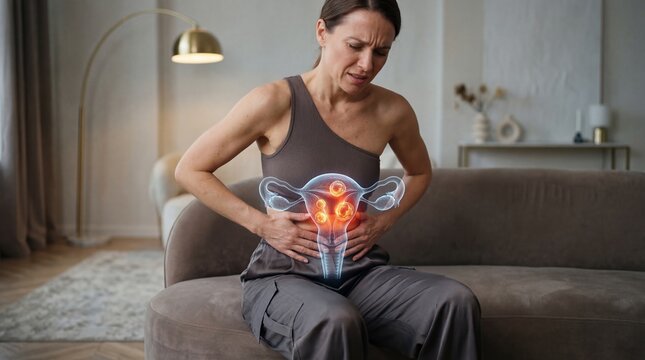 Woman suffering from severe abdominal pain overlayed with digital visualization of uterus with cysts. Female reproductive health issue or illness. Medical diagnosis and internal body anatomy.
