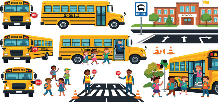 Yellow school bus set with happy students crossing road and school building vector illustration.
