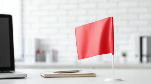 Small red flag on white stick placed on desk with blurred laptop and office background symbolizing alert warning or attention concept in minimal modern workspace