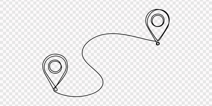 A minimalist one line art illustration depicting a continuous path between two abstract map pin icons on a white background, A continuous one line drawing of a google map view in an urban area. route 
