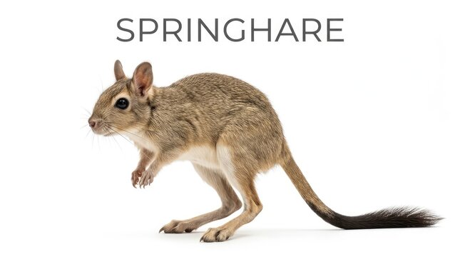 A small springhare stands on its hind legs with its front paws in front of it, looking to the left. Its long tail curves behind it, and its large ears are visible.