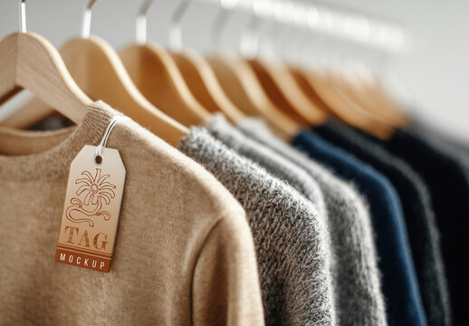 Clothing Tag Mockup On Hanging Knit Sweaters In Retail Display