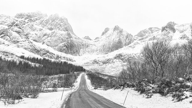 Road to Nusfjord  in winter, Lofoten Islands, Norway