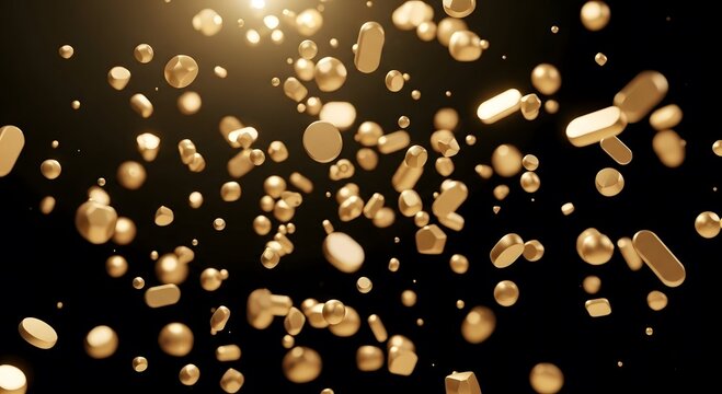 Abstract background of floating golden metallic shapes and spheres with warm light effect.