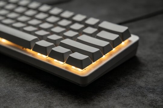 keyboard. Close-up of a custom mechanical keyboard with matte grey keycaps and warm backlight. professional coding blogs, remote work aesthetics, designed for modern technology wallpapers.