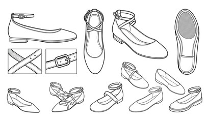 Women ballet flats with ankle strap technical sketch vector illustration set