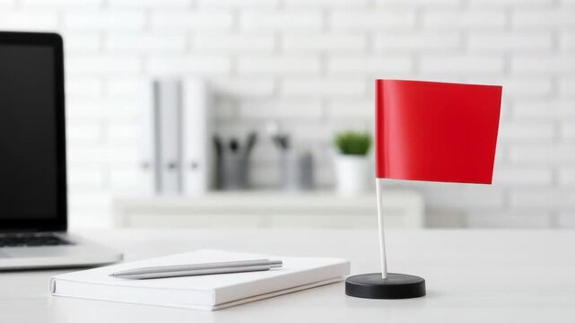 Small red flag standing on white office desk with laptop notebook pen and blurred background of modern bright workplace space