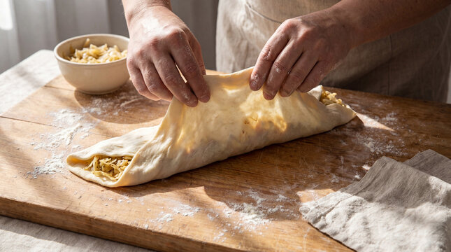 Hands Folding Moldovan Cabbage Pie In Bright Side Light