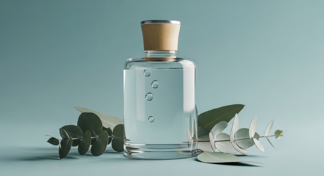 Glass bottle with cork stopper and herbs.
