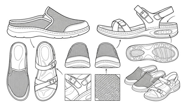 Women mesh mules air cushion sandals technical sketch vector illustration set