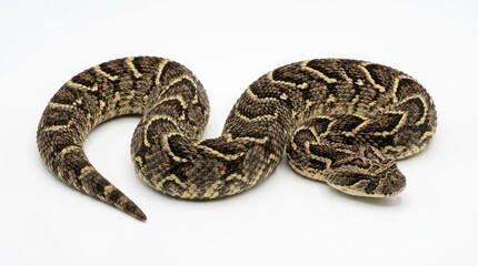 Fototapeta premium A striking close-up of a patterned snake coiled on a white background, showcasing its intricate scales and reptilian features