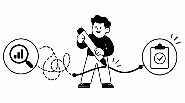 Cartoon character analyzing data with magnifying glass and checklist.