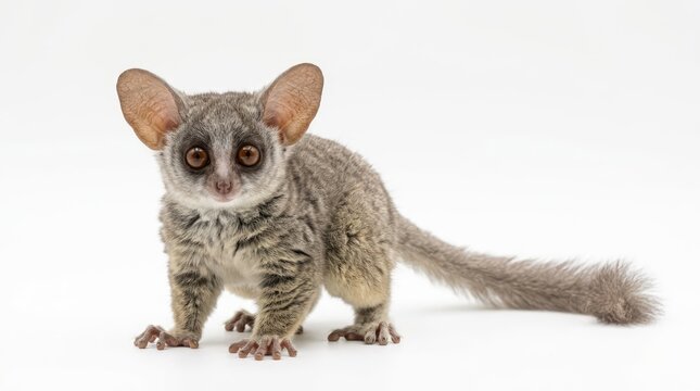 A bushbaby with large, round eyes and big ears, its greyish fur patterned with stripes, stands on its hind legs with its tail extended on a white background
