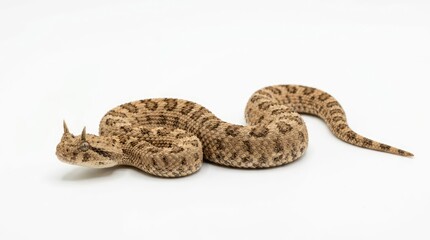 Obraz premium A desert adder viper with characteristic horns on its head and a patterned body, poised on a white background