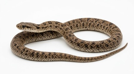 Obraz premium A snake with a patterned skin is coiled on a white background
