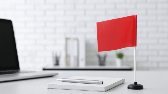 Close-up of red warning flag on white desk near laptop and pen with blurred modern office background representing caution and attention concept