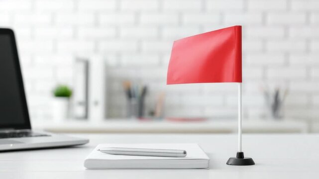 Red flag on white desk with notebook and pen next to laptop in modern bright home office workspace with minimal decoration and blurred background