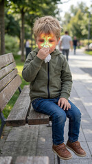 Fototapeta premium Child sitting on bench holding tissue to nose with illustrative sinus inflammation map. Boy suffering from seasonal allergy or common cold. Healthcare and pediatric medical diagnostics concept.
