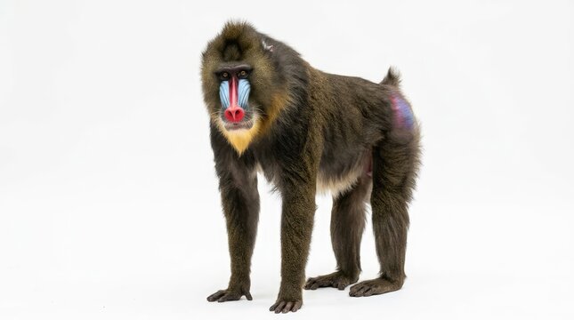 A mandrill standing proudly, showcasing its colorful facial markings. This primate has a distinctive appearance and a strong posture