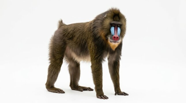 A mandrill monkey with distinctive blue and red facial markings stands on a white background. The monkey has a brown fur coat and a short tail
