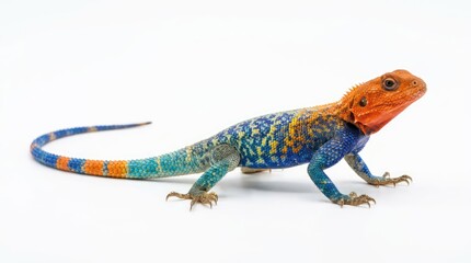Fototapeta premium A strikingly colorful lizard with vibrant orange, blue, and yellow scales. The reptile is captured in profile, showcasing its textured skin and long, banded tail