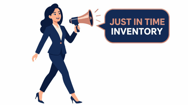Businesswoman announcing just in time inventory concept.
