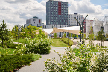 Obraz premium Modern residential complex with green spaces. Landscaping and architecture of the city.