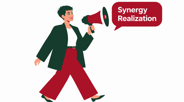Person holding megaphone with synergy realization text.