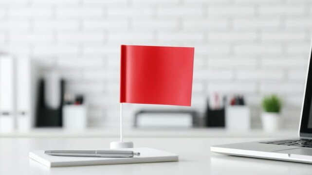 Small red flag standing on white desk with pen and paper near open laptop computer in modern office background with white brick wall and blurred stationery