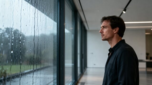 A man stands thoughtfully by a large window, gazing at raindrops cascading down the glass. The modern interior adds to the tranquil atmosphere of the rainy day outside.