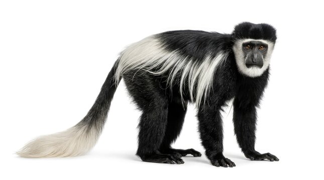 A striking black and white Colobus monkey stands against a white backdrop, its long, flowing tail trailing behind. Its distinctive facial markings and tufted ears are clearly visible.