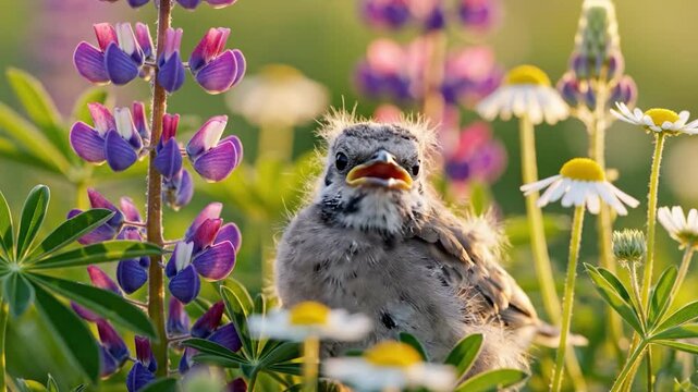 A fluffy baby bird rests among purple lupines and white daisies