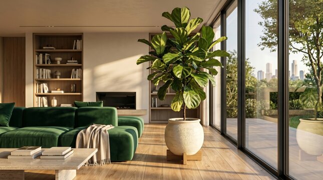  Large fiddle leaf fig tree standing inside luxury modern living room