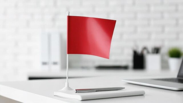 Small red flag on white desk with laptop and office supplies in modern bright workspace representing attention warning or alert concept in minimal setup