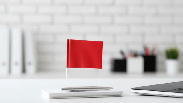 Small red flag on white office desk with laptop pen and papers in a modern minimalistic workspace with blurred background