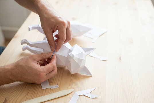 Hands Assembling a Low-Poly Paper Cat Model on a Wooden Desk