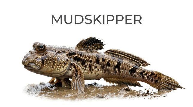 A Mudskipper fish with protruding eyes and spotted scales, resting on wet ground