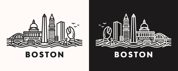 Boston Massachusetts City Skyline Minimalist Line Art Vector Icon Illustration Set © Quivr