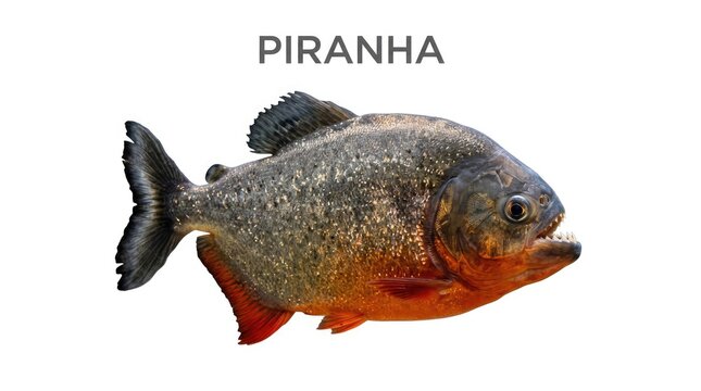 A piranha with its mouth open, displaying sharp teeth, against a white background