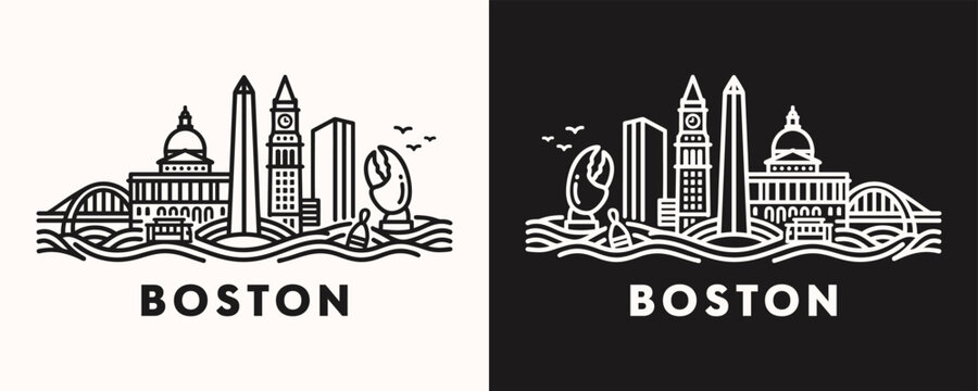 Boston Massachusetts City Skyline Minimalist Line Art Vector Icon Illustration Set