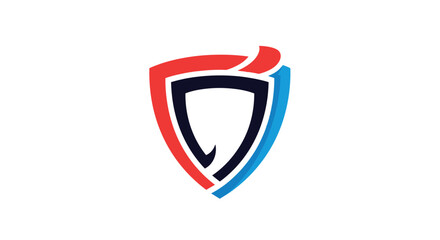 Obraz premium Modern shield logo design uses bold red blue and black overlapping geometric lines to create a strong symbol of protection and security.