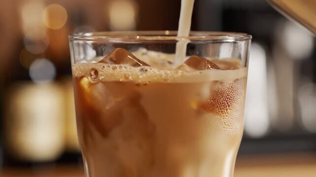 Fresh milk is poured into a glass of cold iced coffee
